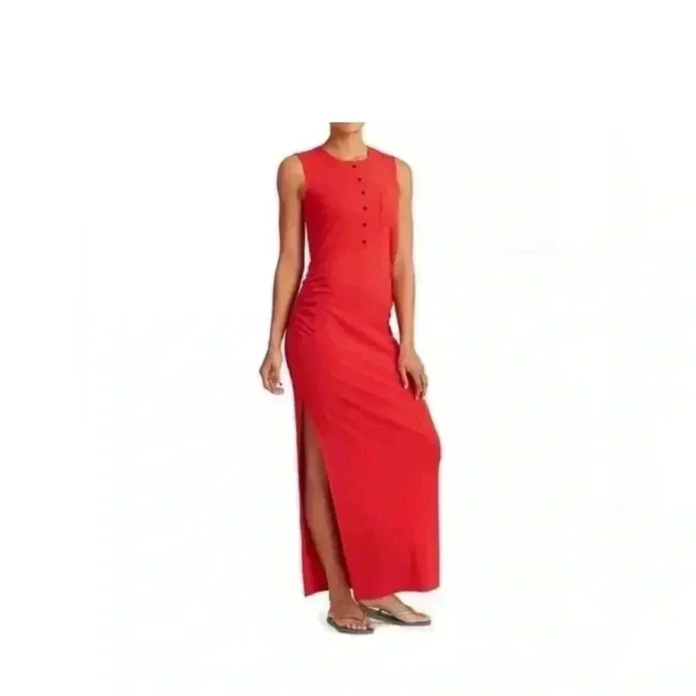 Athleta Ribbed Henley Maxi Sleeveless Dress in Saffron Red